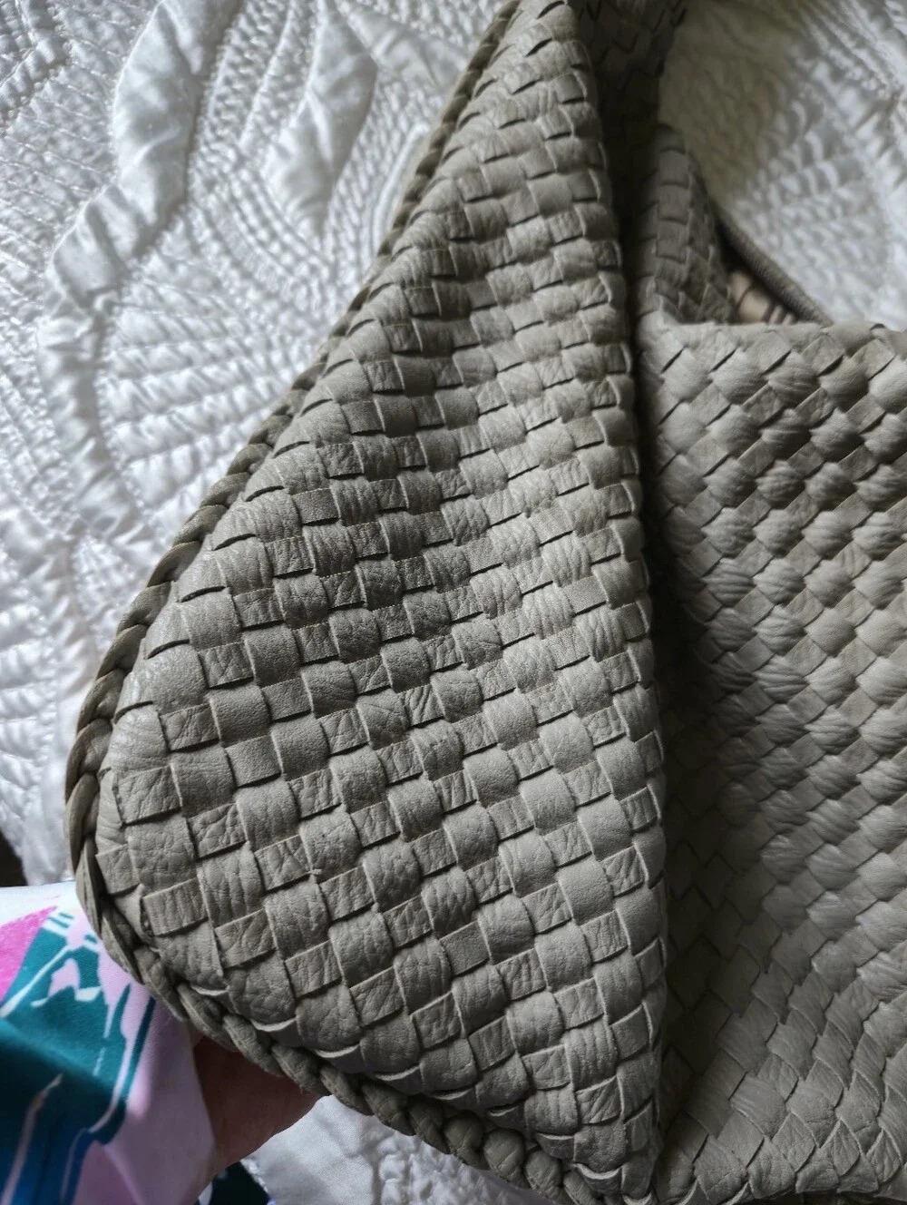 Woven Hobo Shoulder Bag in Gray Veggan Leather.